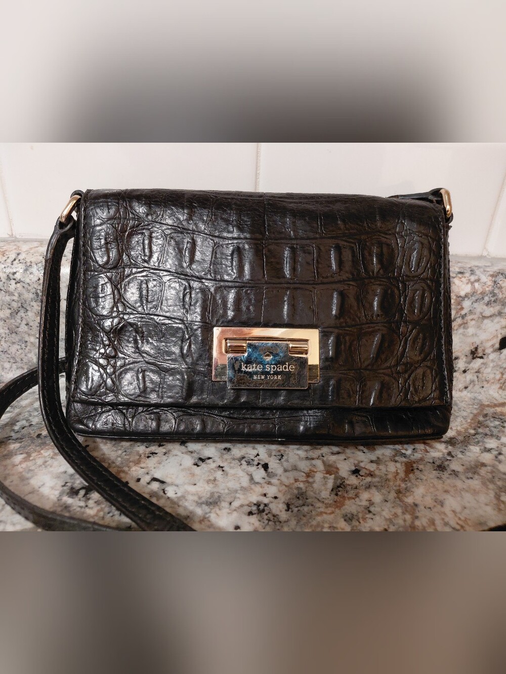kate spade New York Black Croc-Embossed Leather Crossbody Bag
